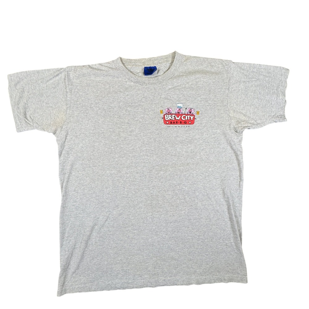 Vintage Brew City Bar-B-Q Milwaukee Striped T-Shirt Tennessee River Gold Large